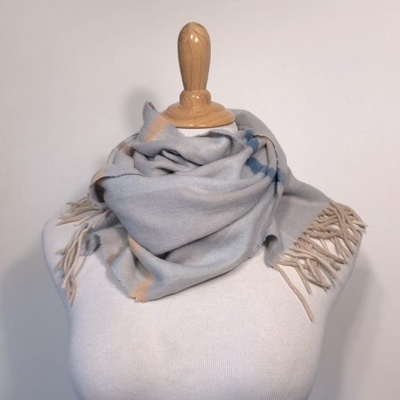 BOHO-Pastel Gray,Blue & Cream Plaid Cashmere Blend Fringed Scarf - Picture 3 of 7